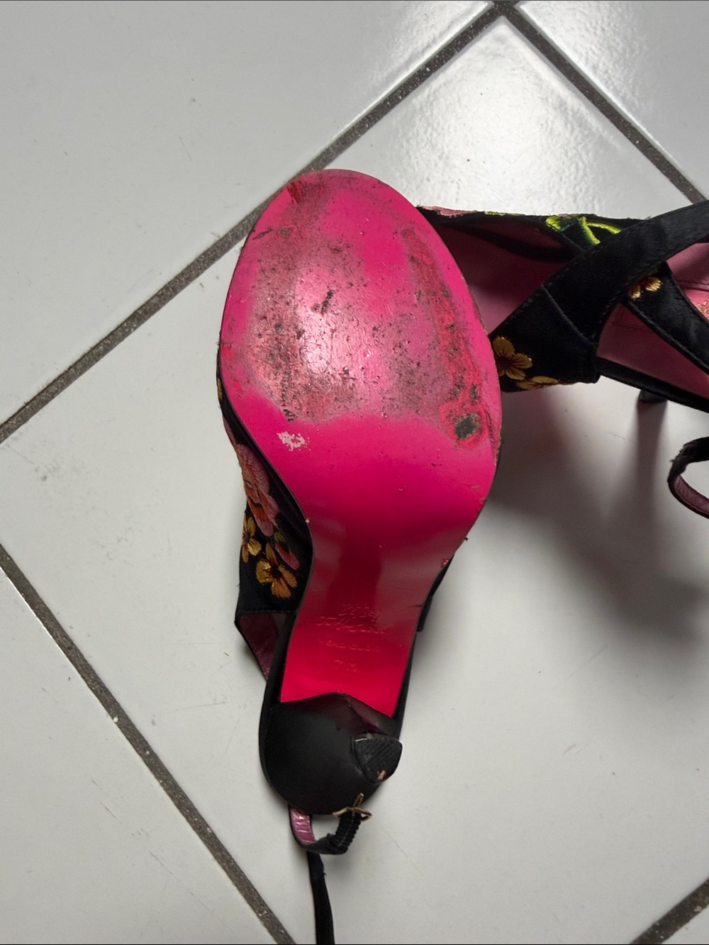 Betsey Johnson Black Embroidered Peep-Toe Heels with Pink Lining - Picture 7 of 7